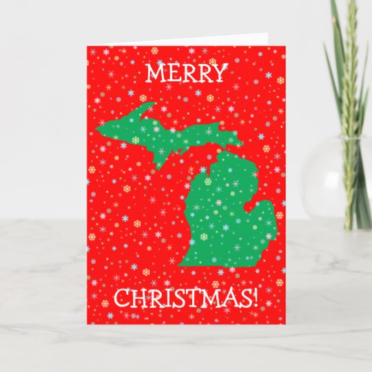 Merry Christmas Map of Michigan Snowflakes Holiday Card