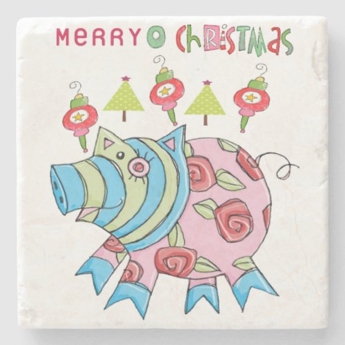 Merry Christmas Marble Stone Coaster Pink Pig Stone Coaster