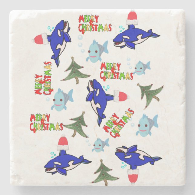 Merry Christmas Marble Stone Coaster, Shark Fish  Stone Coaster (Front)