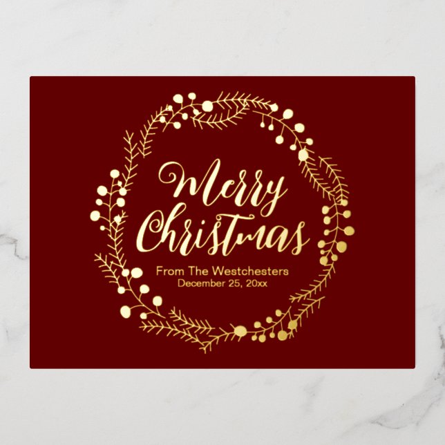 Merry Christmas maroon gold script rustic wreath Foil Holiday Postcard (Front)