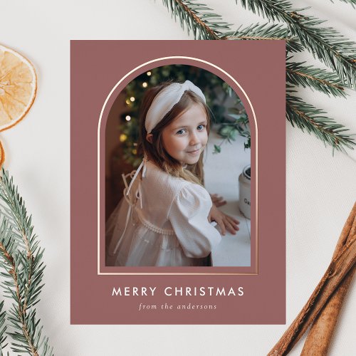 Merry Christmas Mauve Arch Photo Foil Holiday Postcard