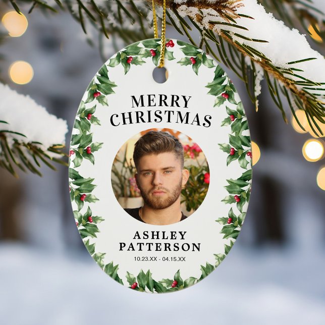 Merry Christmas Memorial Holly Ceramic Ornament (Creator Uploaded)