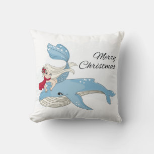 Merry Christmas Mermaid and Whale Throw Pillow