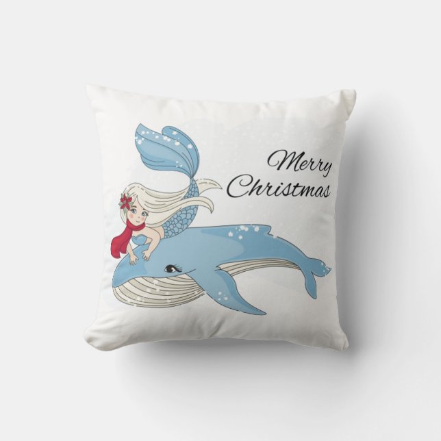 Merry Christmas Mermaid and Whale Throw Pillow (Front)