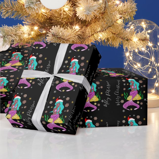 Merry Christmas mermaid & snowflakes personalized Wrapping Paper (Holidays)