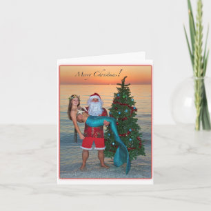 Merry Christmas Mermaid with Santa on the Beach Holiday Card