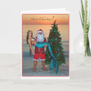 Merry Christmas Mermaid with Santa on the Beach Holiday Card