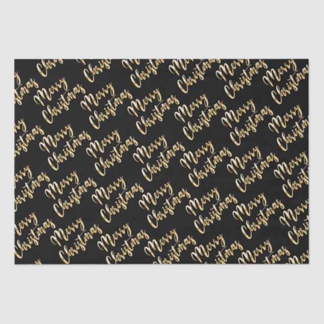 Merry Christmas metallic gold script black Tissue Paper (Front)
