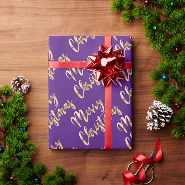 Merry Christmas metallic gold script purple Wrapping Paper (Holiday Gift)