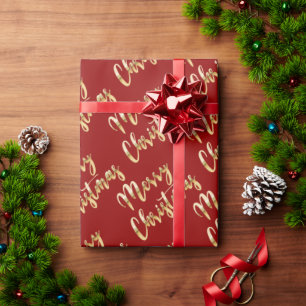 Merry Christmas metallic gold script red Wrapping Paper