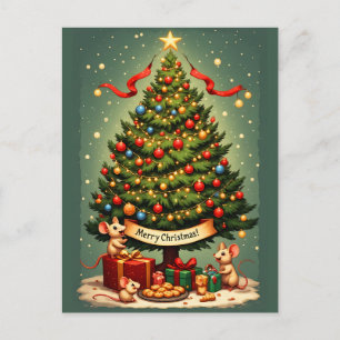 Merry Christmas Mice Victorian Tree Presents Holiday Postcard