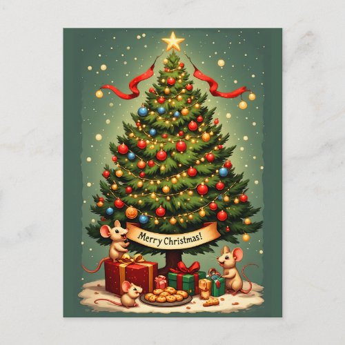 Merry Christmas Mice Victorian Tree Presents Holiday Postcard