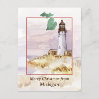 Merry Christmas Michigan Lighthouse Winter Snow