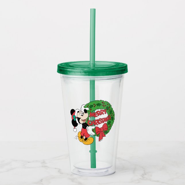 Merry Christmas | Mickey Mouse Holiday Wreath Acrylic Tumbler (Front)