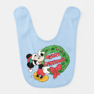 Merry Christmas Mickey Mouse Holiday Wreath Baby Bib