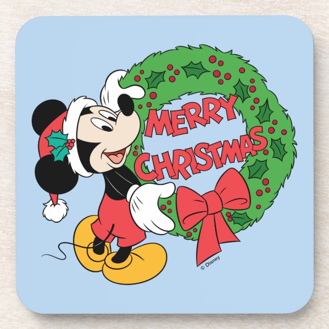 Merry Christmas | Mickey Mouse Holiday Wreath Beverage Coaster (Front)