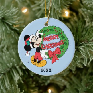 Merry Christmas | Mickey Mouse Holiday Wreath Ceramic Ornament