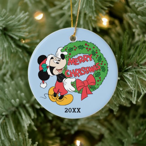 Merry Christmas  Mickey Mouse Holiday Wreath Ceramic Ornament