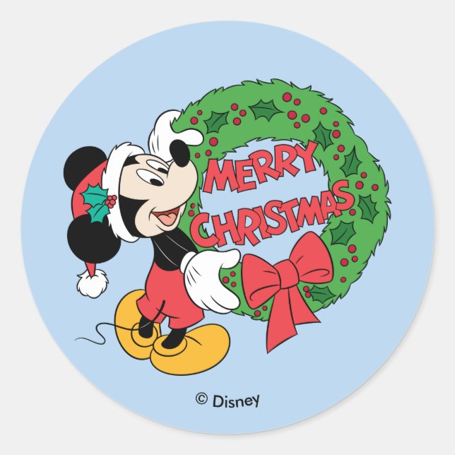 Merry Christmas | Mickey Mouse Holiday Wreath Classic Round Sticker (Front)