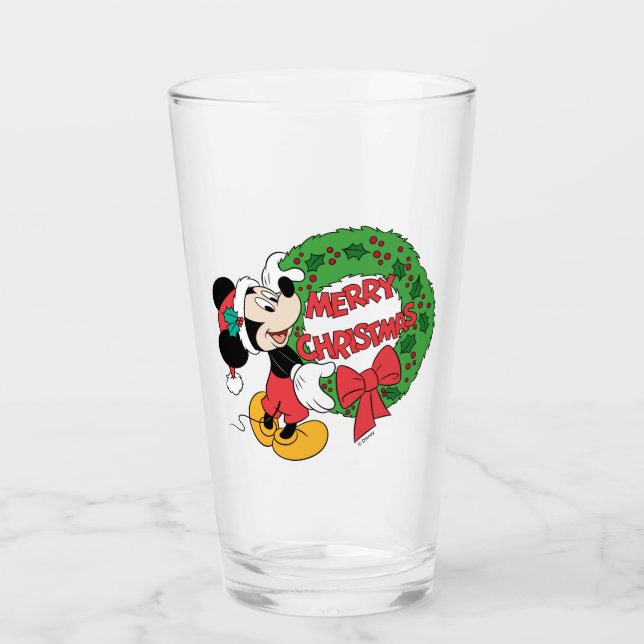 Merry Christmas | Mickey Mouse Holiday Wreath Glass (Front)