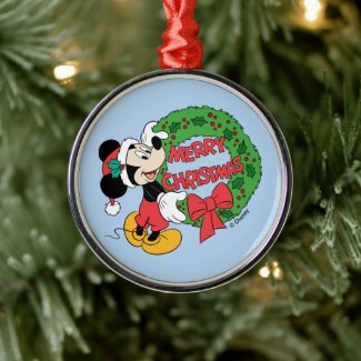 Merry Christmas | Mickey Mouse Holiday Wreath Metal Ornament