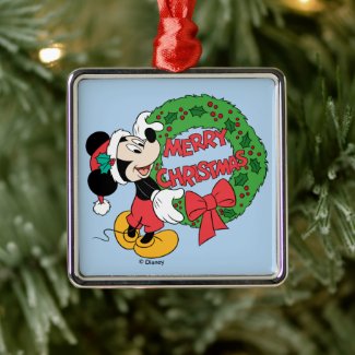 Merry Christmas | Mickey Mouse Holiday Wreath Metal Ornament