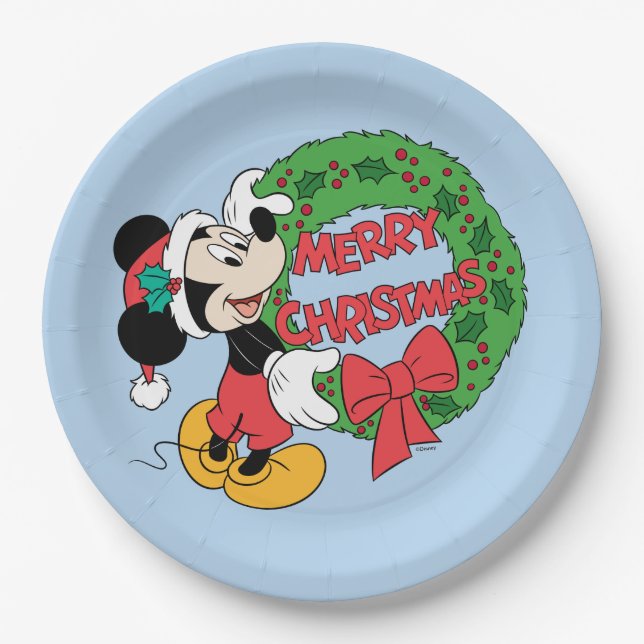 Merry Christmas | Mickey Mouse Holiday Wreath Paper Plates (Front)