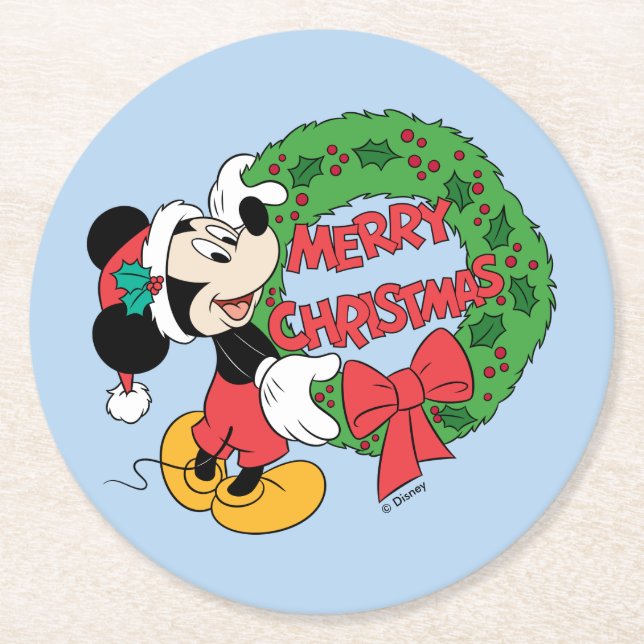 Merry Christmas | Mickey Mouse Holiday Wreath Round Paper Coaster (Front)