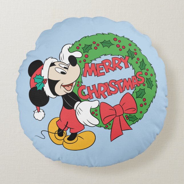 Merry Christmas | Mickey Mouse Holiday Wreath Round Pillow (Front)