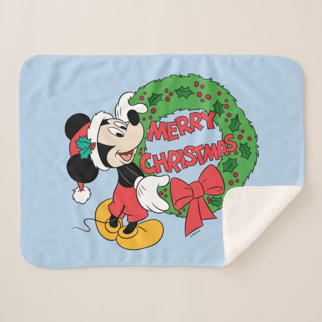 Merry Christmas | Mickey Mouse Holiday Wreath Sherpa Blanket (Front (Horizontal))