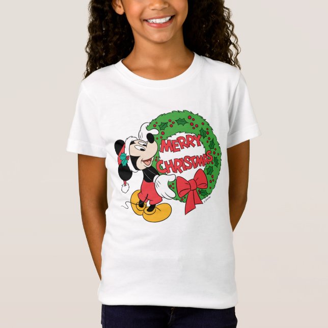 Merry Christmas | Mickey Mouse Holiday Wreath T-Shirt (Front)