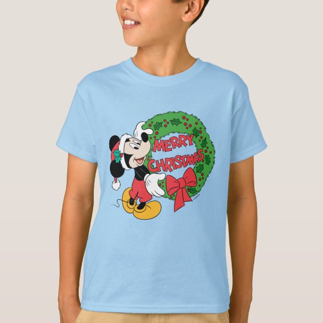Merry Christmas | Mickey Mouse Holiday Wreath T-Shirt (Front)