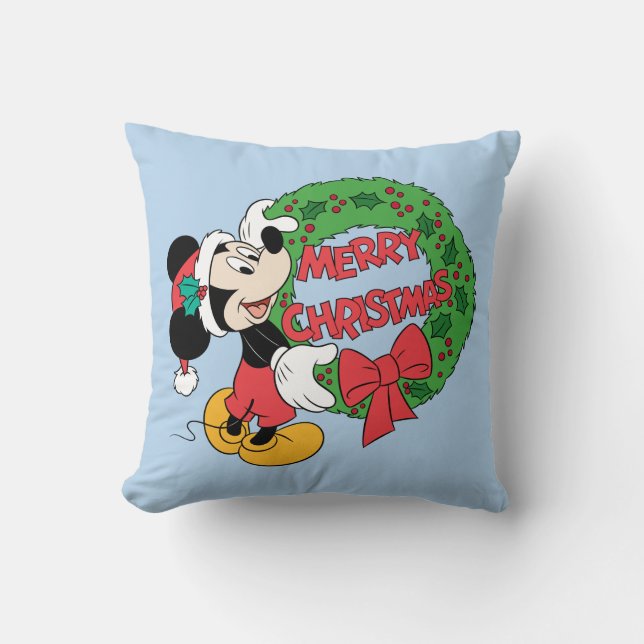 Merry Christmas | Mickey Mouse Holiday Wreath Throw Pillow (Front)
