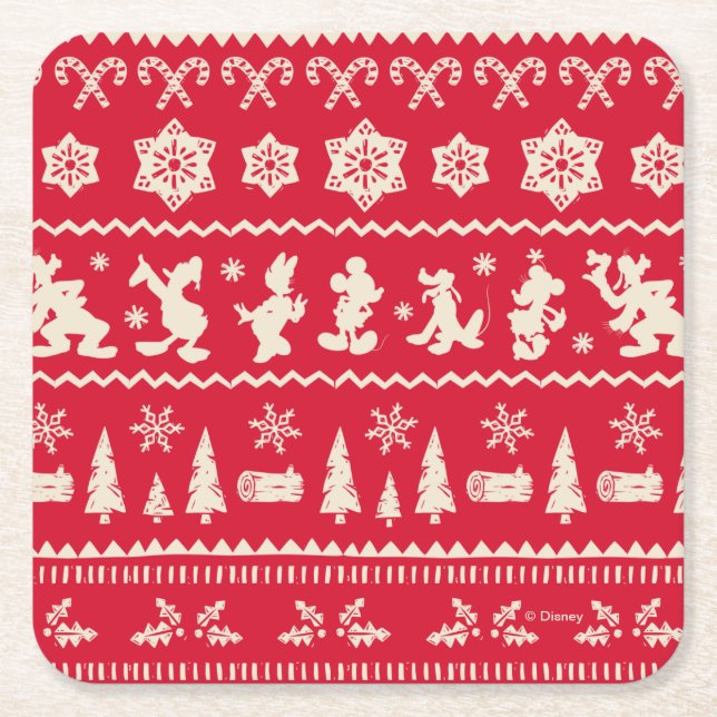 Merry Christmas | Mickey Mouse Snowflake Pattern Square Paper Coaster (Front)