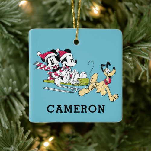 Merry Christmas  Mickey Mouse Winter Sled Ceramic Ornament