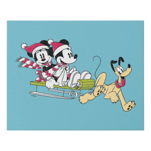 Merry Christmas  Mickey Mouse Winter Sled Faux Canvas Print