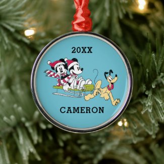 Merry Christmas | Mickey Mouse Winter Sled Metal Ornament