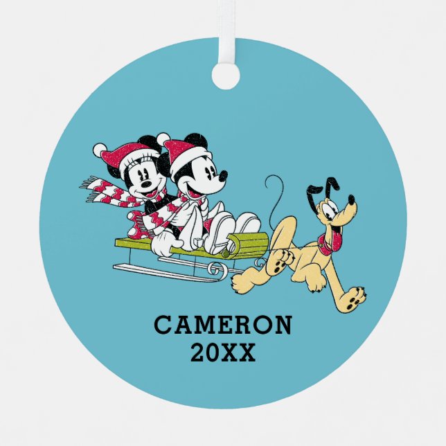 Merry Christmas | Mickey Mouse Winter Sled Metal Ornament (Front)