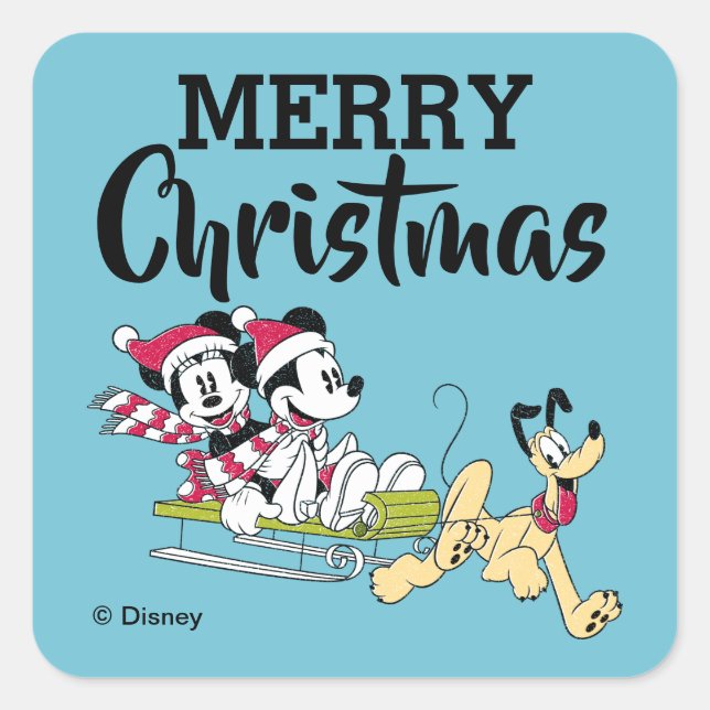 Merry Christmas | Mickey Mouse Winter Sled Square Sticker (Front)