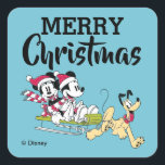 Merry Christmas | Mickey Mouse Winter Sled Square Sticker<br><div class="desc">Celebrate the holidays and your love of Disney with this cute Christmas design featuring Mickey Mouse,  Minnie Mouse and Pluto traveling in a winter sled.</div>