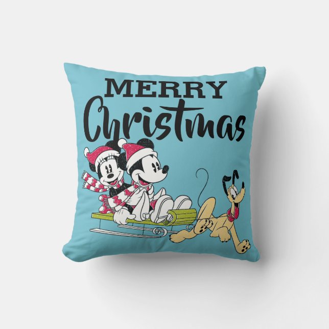 Merry Christmas | Mickey Mouse Winter Sled Throw Pillow (Front)