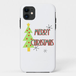 merry christmas mid century modern tree red blue iPhone 11 case