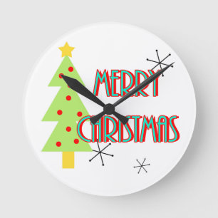 merry christmas mid century modern tree red blue round clock
