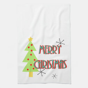 merry christmas mid century modern tree red blue towel