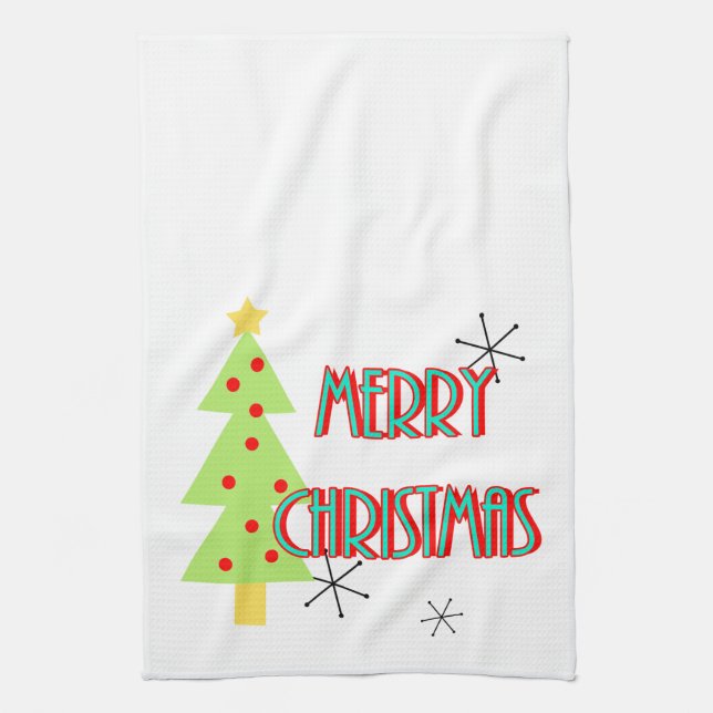merry christmas mid century modern tree red blue towel (Vertical)