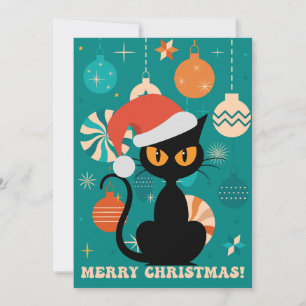 Merry Christmas MidCentury Modern Cat in Santa Hat Holiday Card