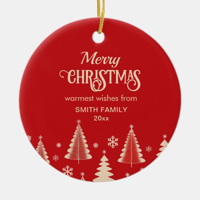 Merry Christmas midcentury red beige trees photo Ceramic Ornament (Front)