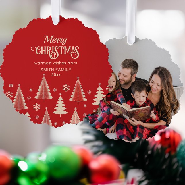 Merry Christmas midcentury red beige trees photo Ornament Card (Merry Christmas midcentury red beige trees photo Ornament Card unique Christmas greetings cards)