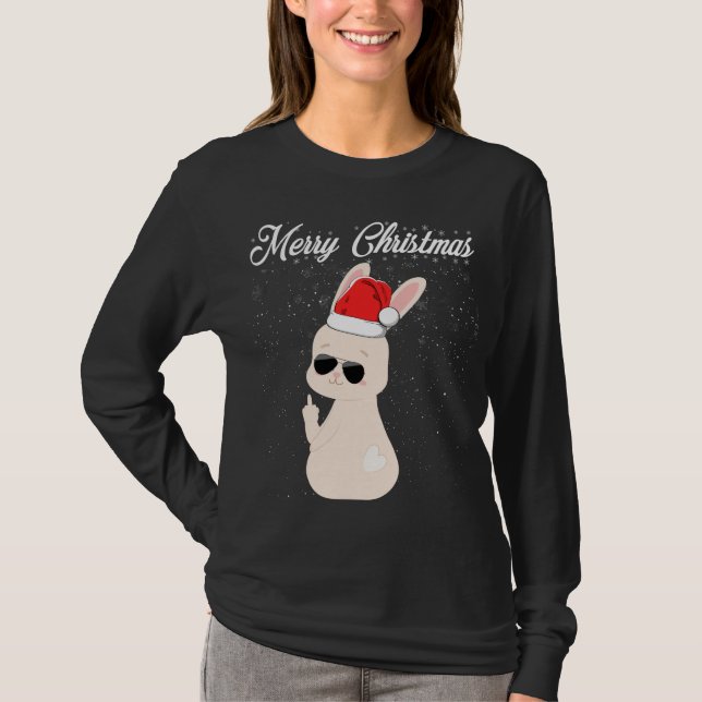 Merry Christmas Middle Finger Rude Xmas Bunny Ugly T-Shirt (Front)