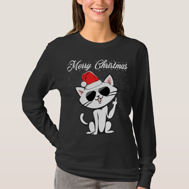 Merry Christmas Middle Finger Rude Xmas Cat Ugly T-Shirt (Front)